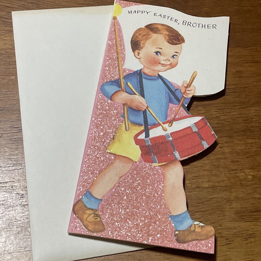 Vtg Rust Craft Easter Greeting Card Brother Mica Glitter Die Cut 1950s
